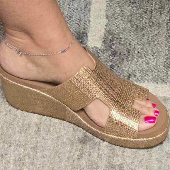 Corkys Shimmering Gold Wedge Sandals - Picture 1 of 3